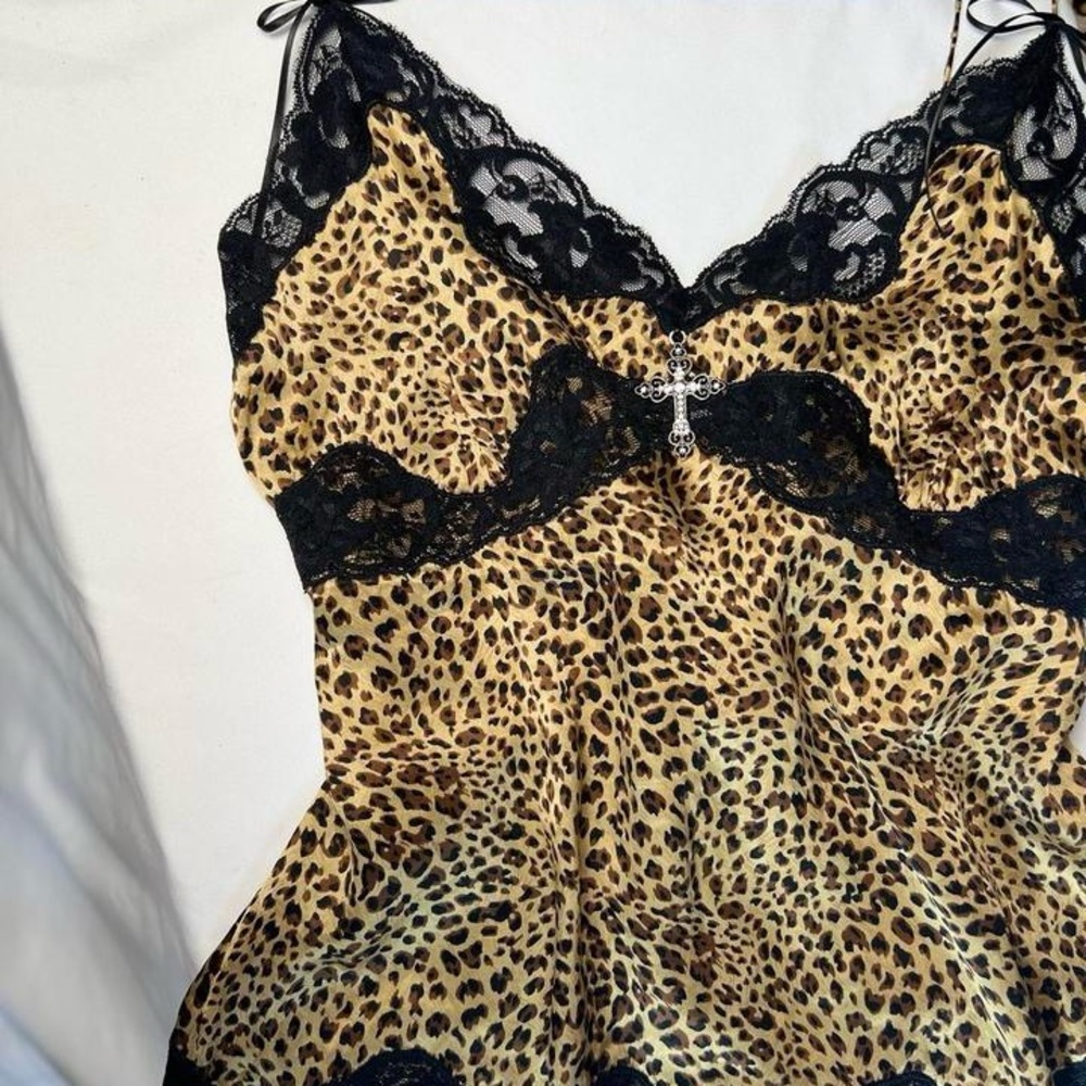 Leopard print 100% silk lace cami